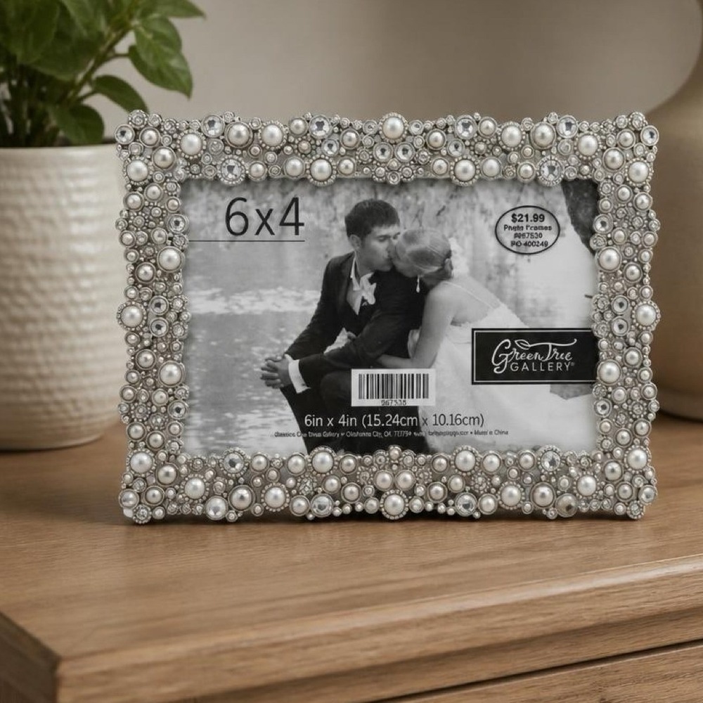 Green Tree Gallery Photo Frame Silver Pearl Rhinestone Wedding Glam Decor 4x6